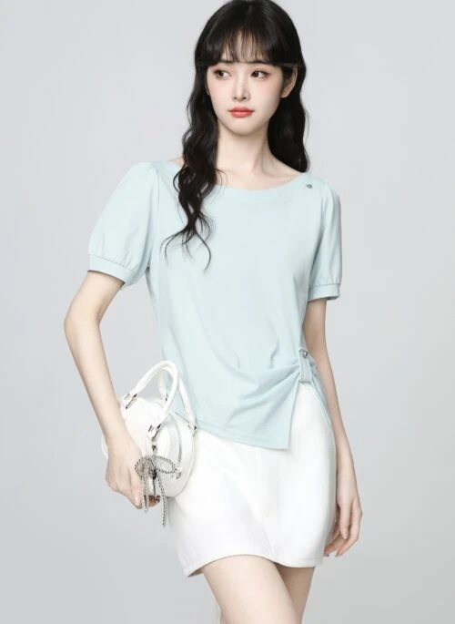 Blue Irregular Puff Sleeve Short Sleeve Top