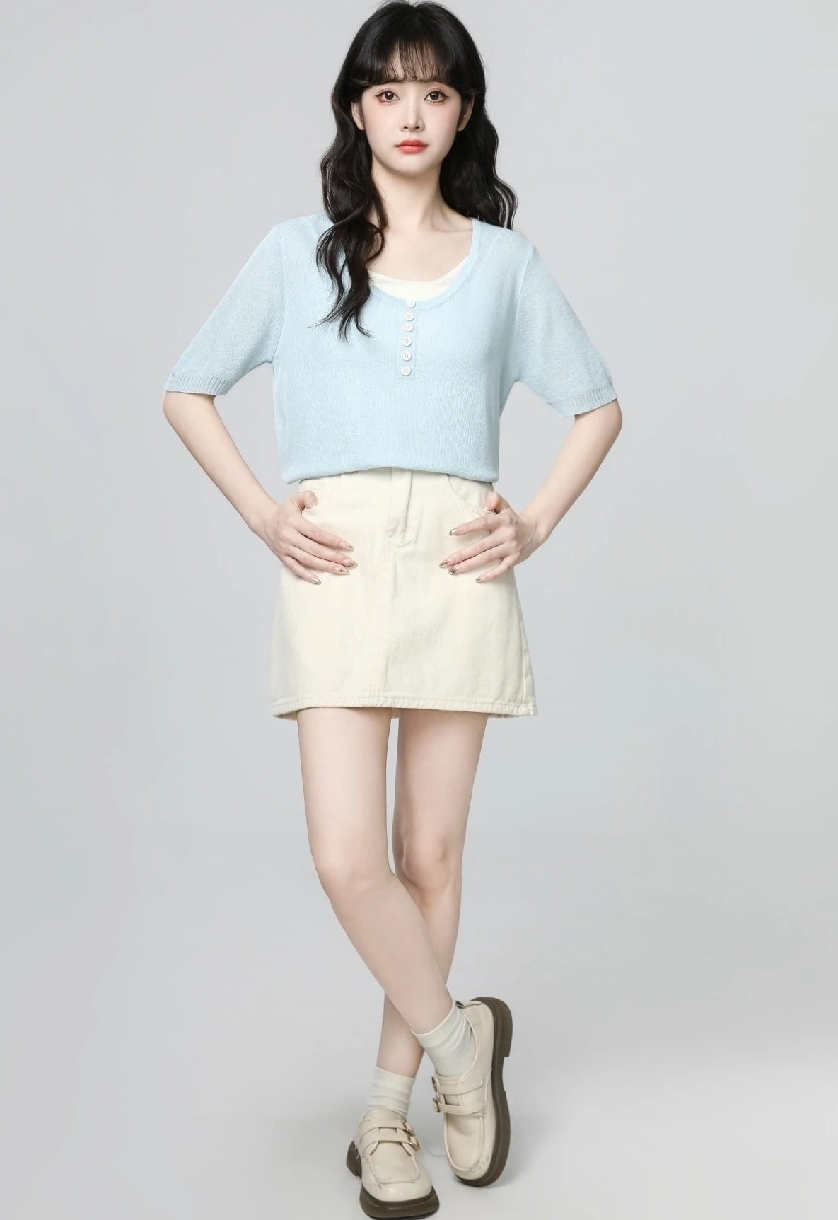 食品・日用品 半額ストア Colorblock Sleeve Short Knit Blue Layered Chingu Fashion - Top Clothing
