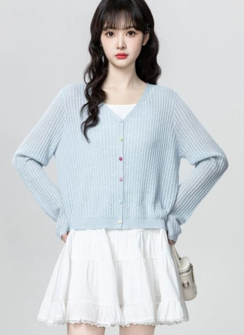 Blue Knit V Neck Cardigan Lightweight Summer Shawl Top