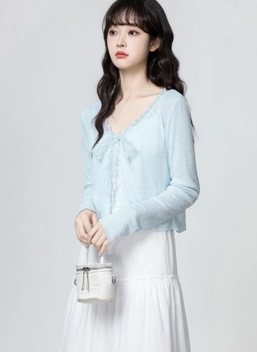 Blue Knitted Vneck Cardigan With Ties