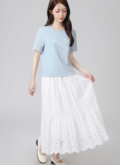 Blue Lace Bow Short Sleeve Top