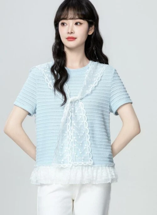 Blue Flower Ruffles Halter Top | Chaeyoung - Twice - Fashion