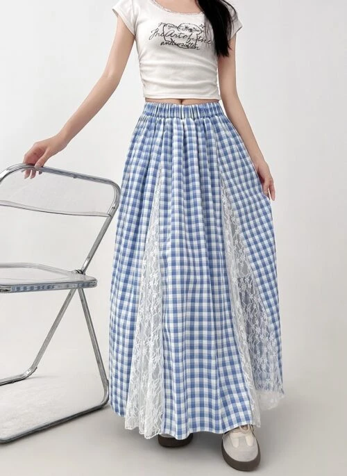 Blue Lace Plaid Flowy A Line Skirt