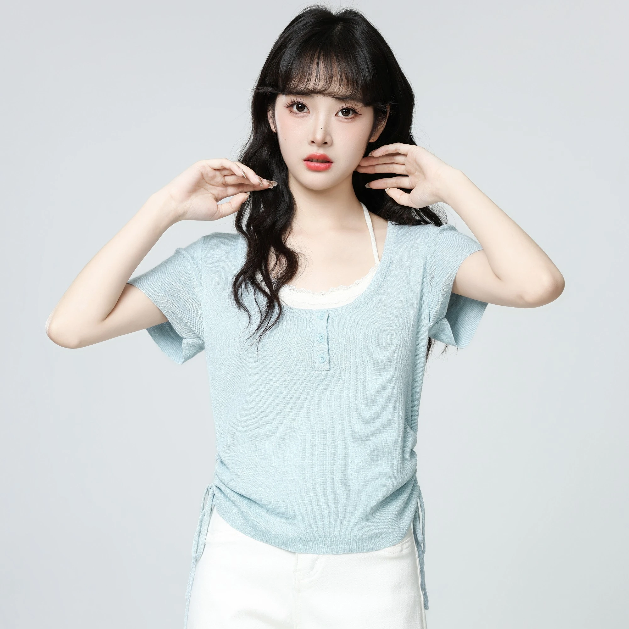 Blue Patchwork Drawstring Short Sleeve Layered Top - Fashion