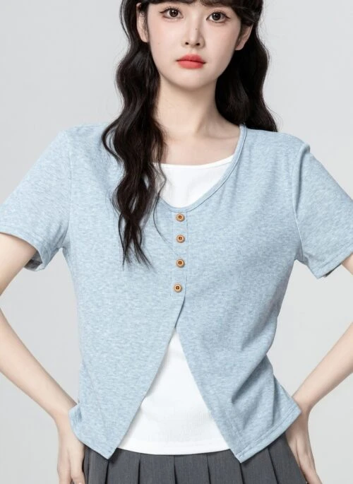 Blue Patchwork Short Sleeve Crop Top