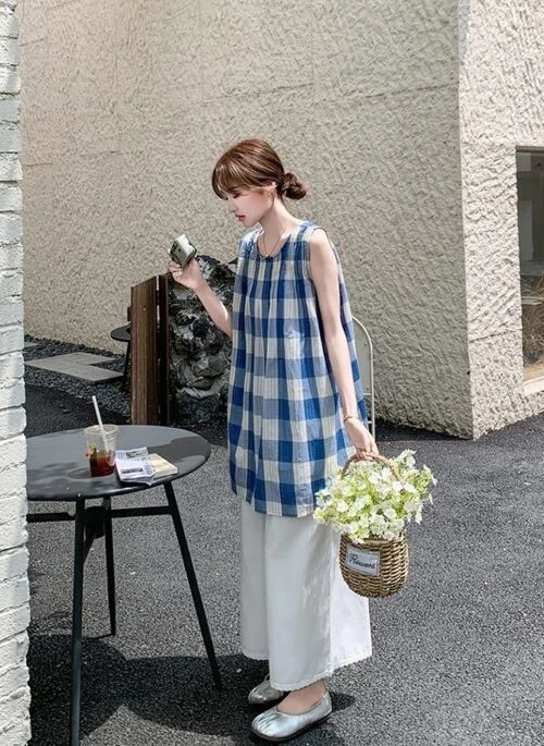 Blue Plaid Sleeveless Top And Wide Leg Pants Set