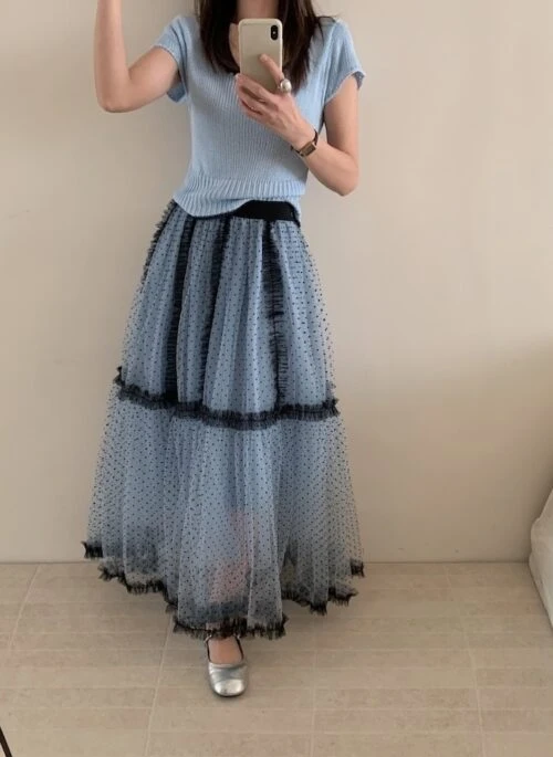 Blue Polka Dots Mesh Ruffles Long Skirt | Iroha – ILLIT