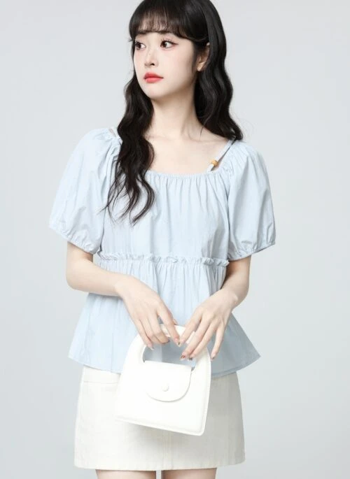 Blue Puff Sleeve Short Sleeve Loose Blouse