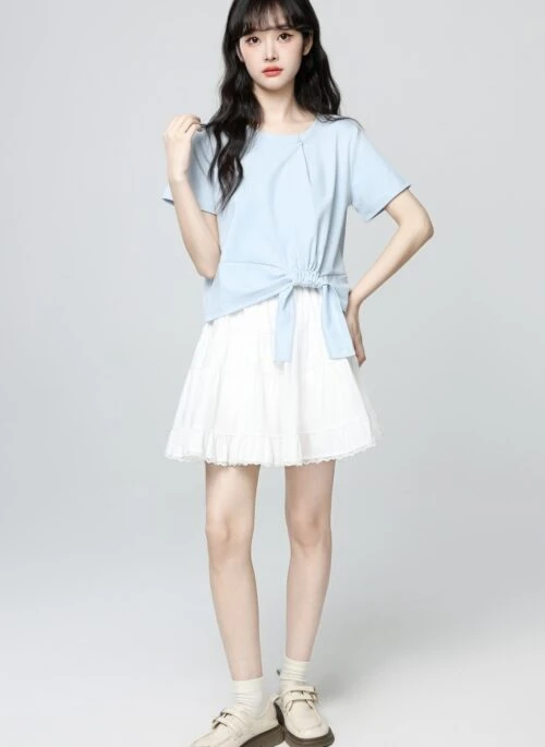 Blue Ruched Tie Sleeve Irregular Hem T Shirt