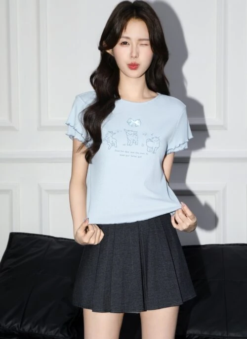 Blue Ruffle Sleeve Short Tee