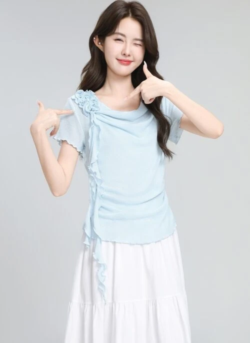 Blue Ruffled Floral Short Sleeve T Shirt