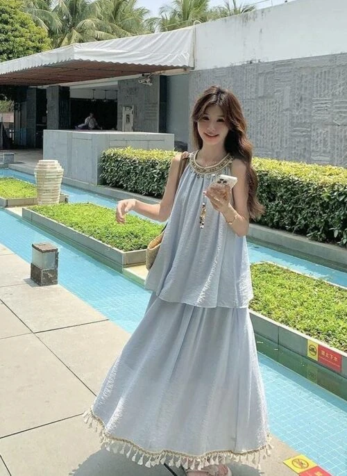 Blue Sleeveless Top And Skirt Relaxed Set