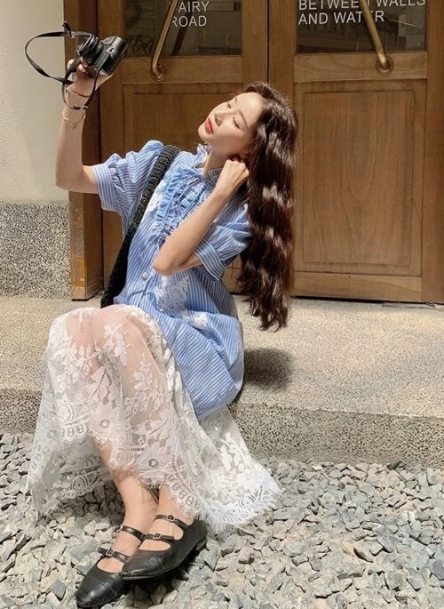 Blue Striped Embroidered Lace Shirt Dress Set