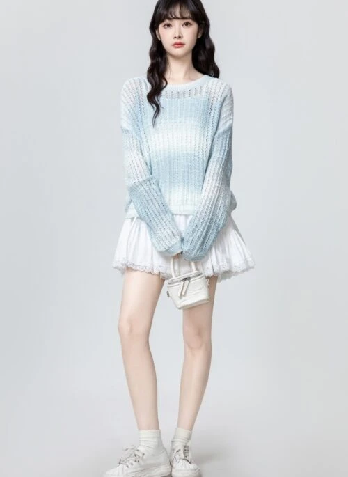 Blue Striped Knit Summer Cardigan Sweater