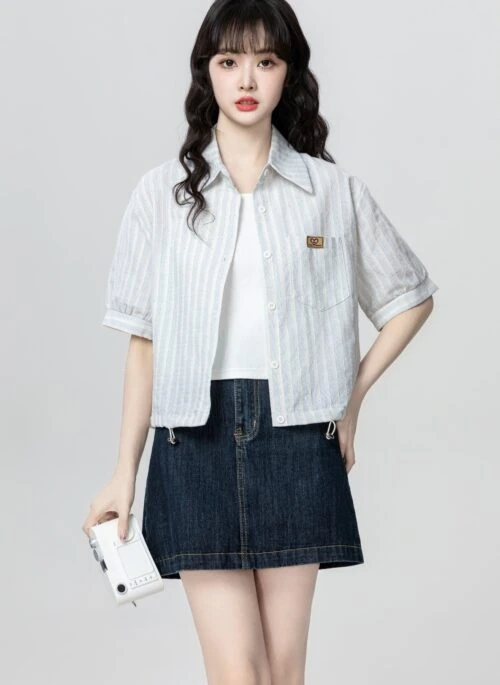 Blue Striped Polo Collar Short Sleeve Drawstring Shirt