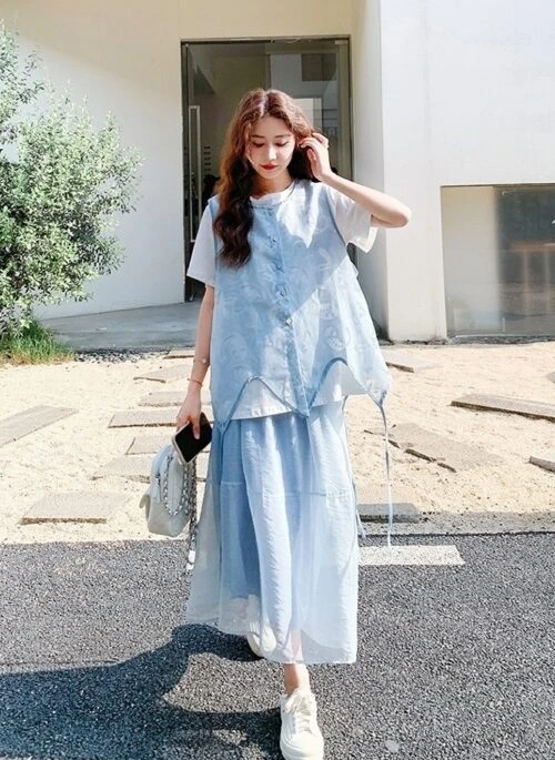 Blue Vest Fashion Three Piece Casual Skirt Set
