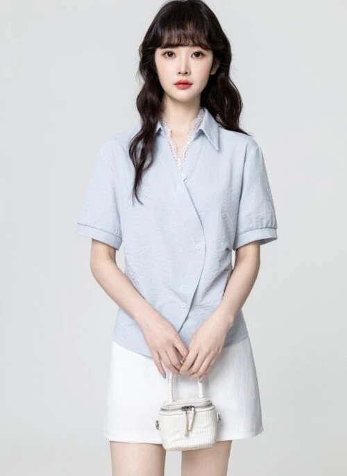Blue Vneck Irregular Patchwork Short Sleeve Tee