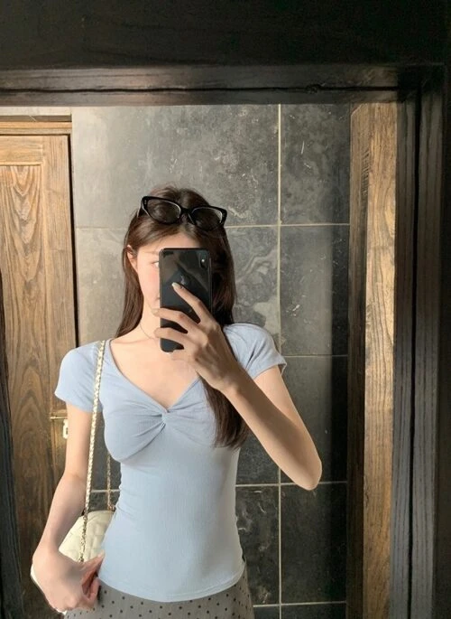 Blue Vneck Short Sleeve Slim Top