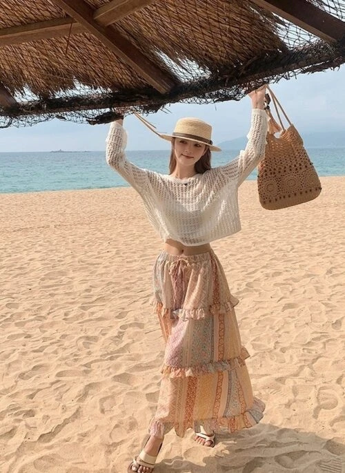 Bohemian Knit Hollow Out Cardigan Skirt Set
