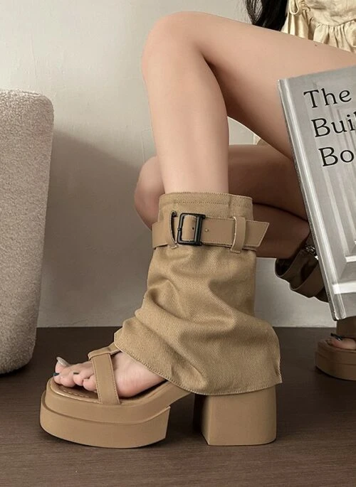 Brown Canvas Open-Toe Platform Boots | Jihyo – Twice
