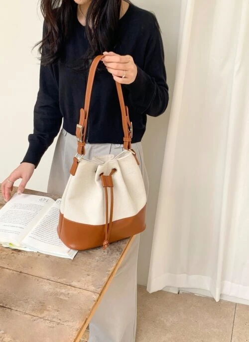 Brown Splicing Shoulder Bucket Bag | Ji Kang Hee – Motel California