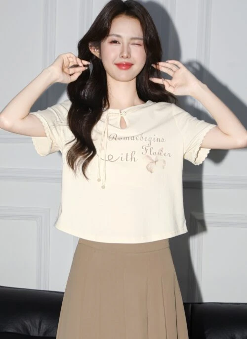 Butterfly Print Hollow Out Short Sleeve Top