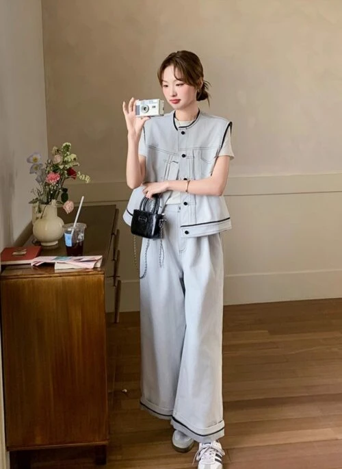 Casual Contrast Stitching Denim Vest Outfit Set