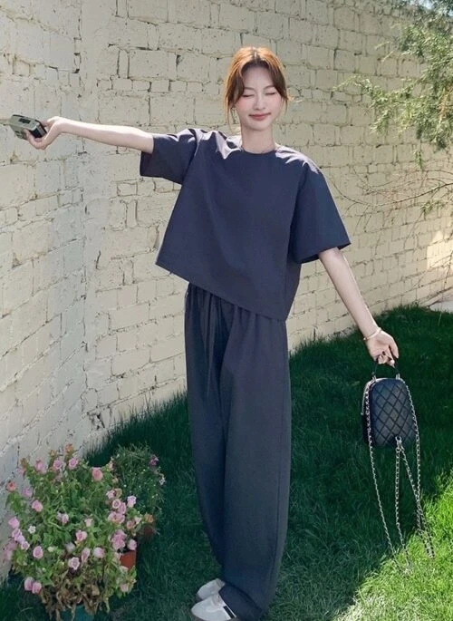 Casual Waist Cinched Top And Wide Leg Pants Set