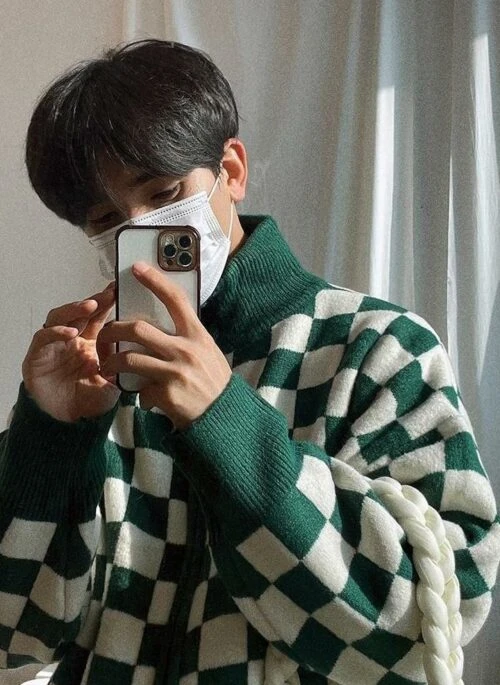 Checkered Knit Cardigan Sweater