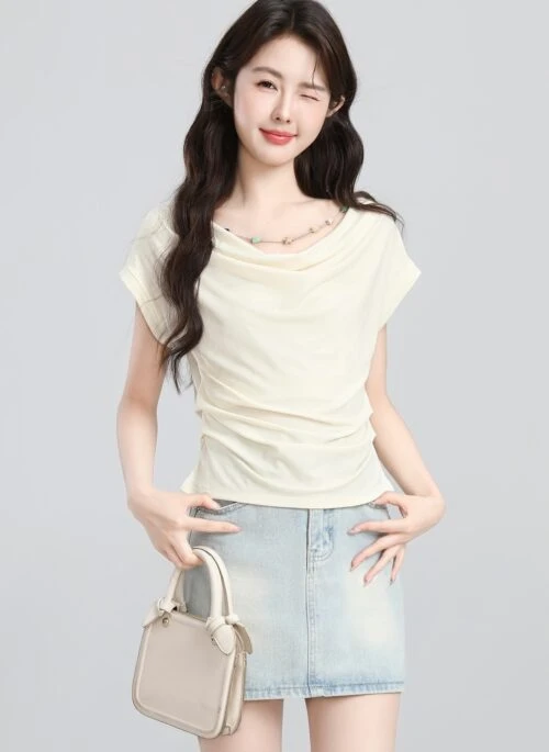 Chic French Style Draped Waist Slim Fit Top