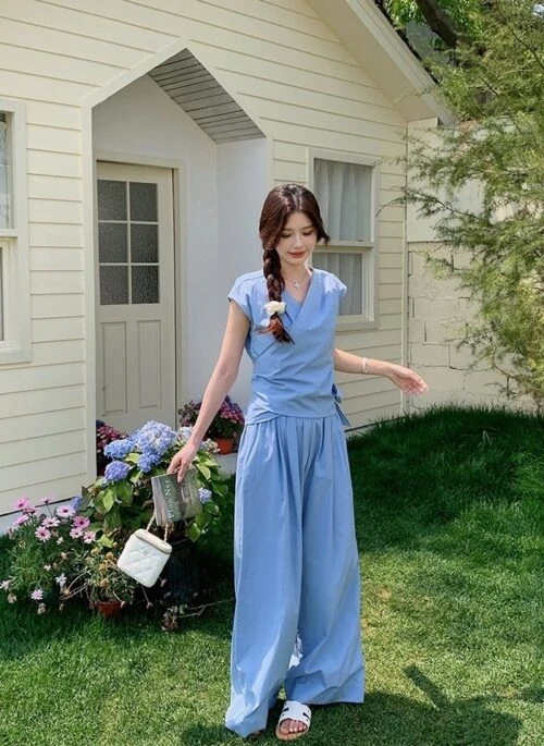 Chic French Style Summer Top And Wide Leg Pants Set