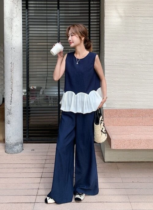 Chic Patchwork Vest And High Waist Wide Leg Pants Set