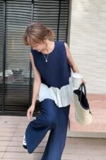 Chic Patchwork Vest And High Waist Wide Leg Pants Set