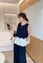 Chic Patchwork Vest And High Waist Wide Leg Pants Set