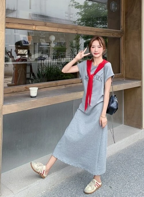 Colorblock Print Loose Fit Casual Maxi T Shirt Dress