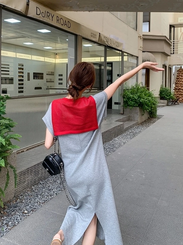 Colorblock Print Loose Fit Casual Maxi T Shirt Dress
