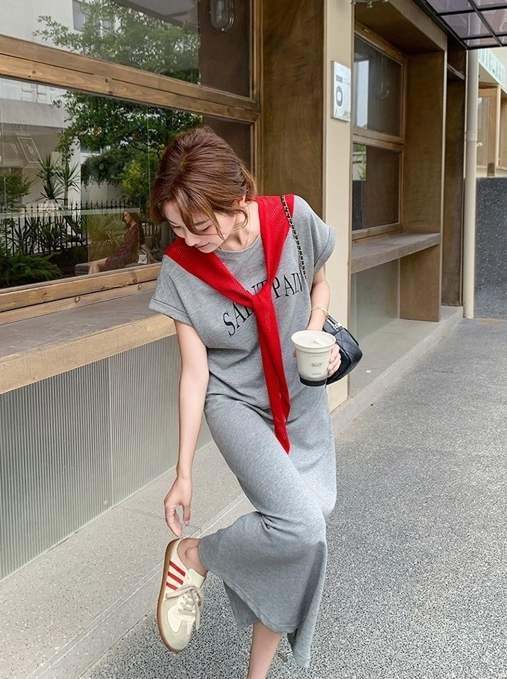 Colorblock Print Loose Fit Casual Maxi T Shirt Dress