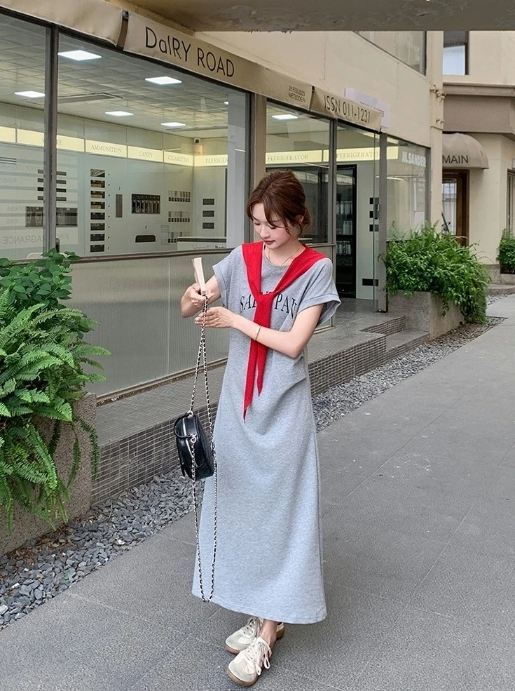 Colorblock Print Loose Fit Casual Maxi T Shirt Dress
