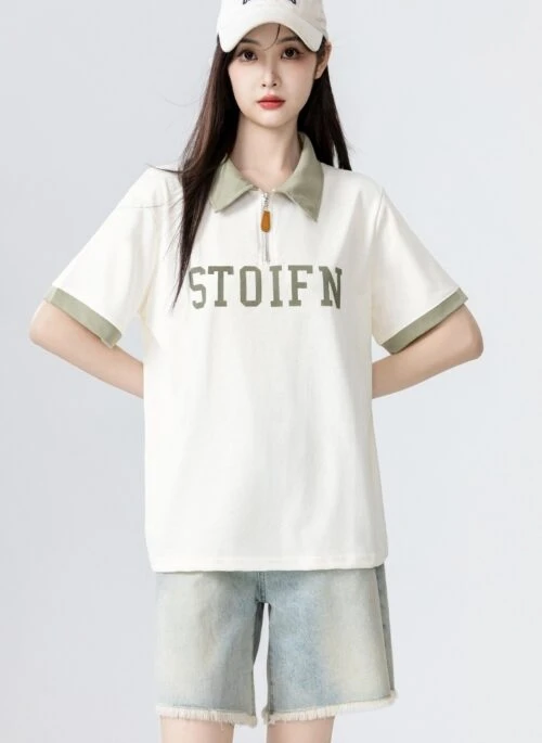 Colorblock Short Sleeve Polo Shirt With Half Zip Design
