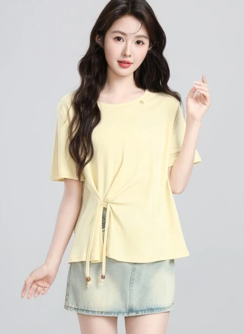 Cream Short Sleeve Irregular Hem Split T Shirt