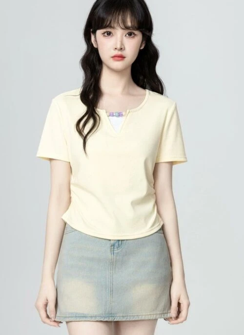 Cream V Neck Short Sleeve Colorblock T Shirt