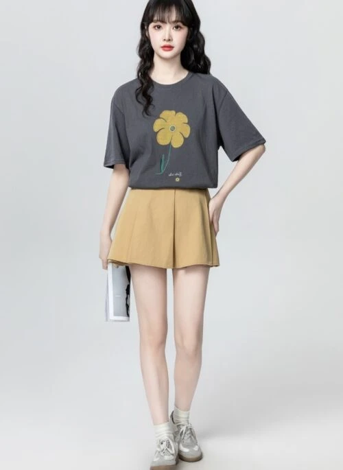 Dark Gray Floral Print Short Sleeve Crewneck Tee