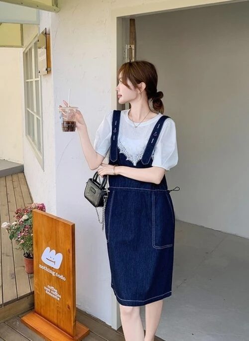 Denim Lace Pinafore Dress Set