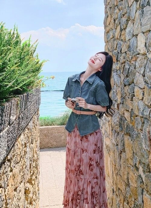 Denim Shirt And Floral Skirt Two Piece Set