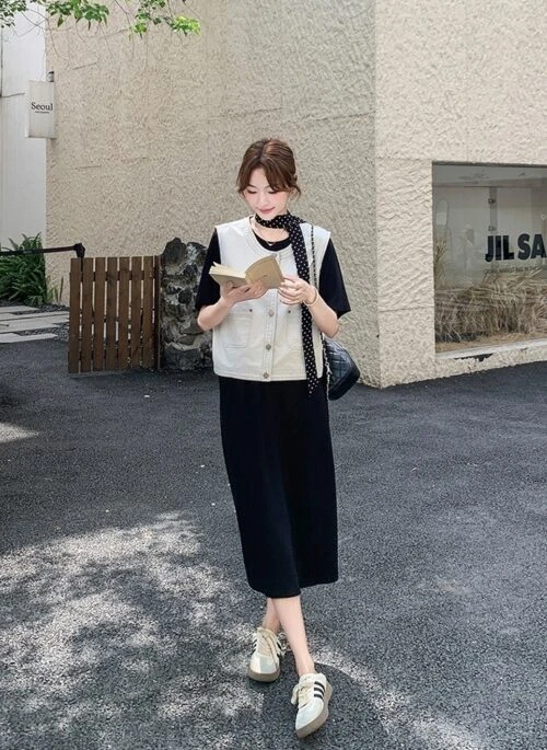 Denim Vest Black Dress Casual Set