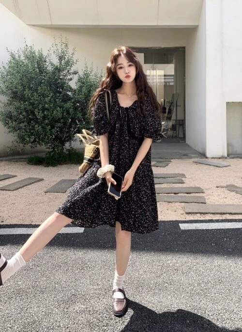 Elegant Black Floral Vintage A Line Dress