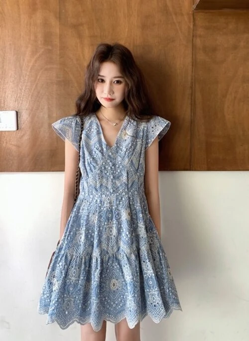 Elegant French Lace Light Blue A Line Dress