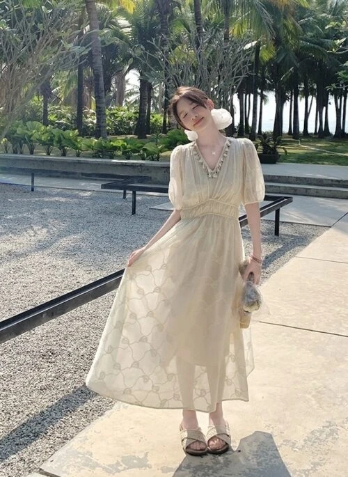 Elegant Jacquard Vneck Puff Sleeve Dress