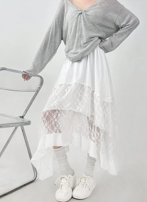 Elegant Lace Layered High Waist Midi Skirt