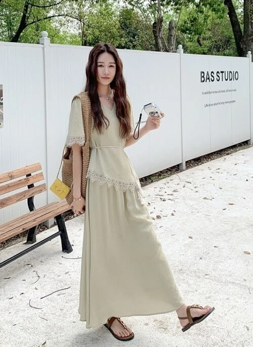 Elegant Lace Patchwork Short Sleeve Skirt Set
